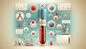 graphic illustration representing blood testing for allergies, designed in a detailed and professional style, suitable for educational or medical purposes