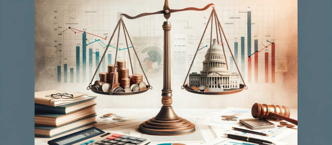 conceptually interprets "Balancing Budgets: The Role of State Representatives in Fiscal Policy." It showcases a balance scale with coins on one side and a legislative building on the other, along with a calculator and financial charts, set against an abstract government backdrop. This representation focuses on the theme of state representatives' involvement in fiscal decisions, avoiding the use of actual humans, text, or writing.