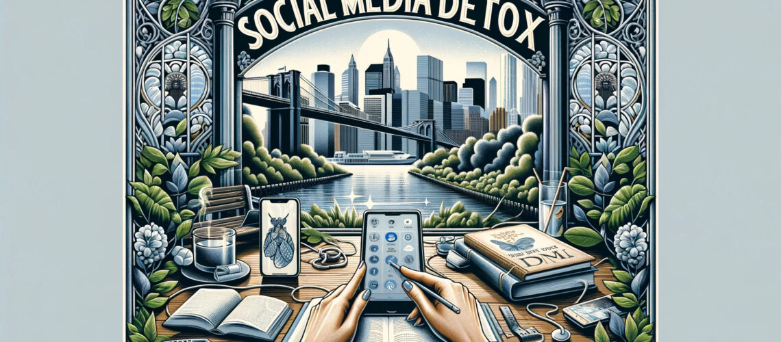 graphic illustration depicting the concept of a social media detox, designed with a New York coastal elite aesthetic